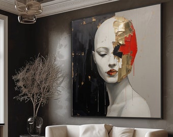 Abstract Woman Oil Painting On Gold On Canvas, 100% Handcatefted Texured Acrylic Art, Chic Home Office Wall Decor,Artistic Gift,Elegant Gift