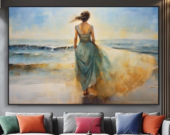 Peinture à l'huile abstraite d'une femme dans l'océan, oeuvre d'art à l'huile acrylique texturée fabriquée à la main, décoration murale bleue vagues sereines, cadeau de pendaison de crémaillère Uniqie