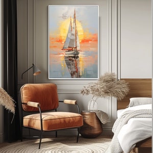 Ocean View ArtWork For Living Room , Vibrant Sailboat Sunset Sea View Oil Painting On Canvas,Vivid Sea View Canvas Art , Custom Gift For Her