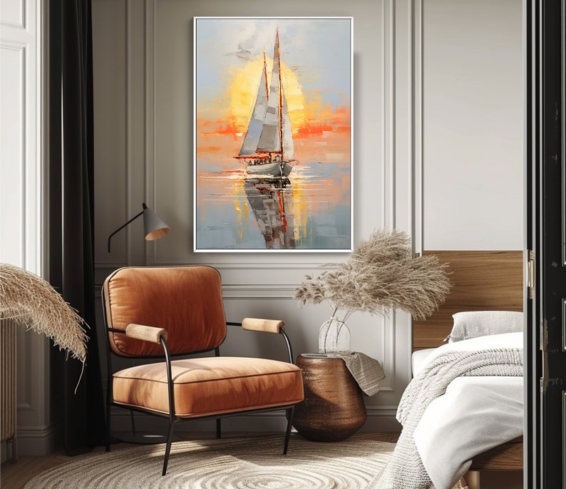 Ocean View ArtWork For Living Room , Vibrant Sailboat Sunset Sea View Oil Painting On Canvas,Vivid Sea View Canvas Art , Custom Gift For Her