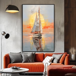 Ocean View ArtWork For Living Room , Vibrant Sailboat Sunset Sea View Oil Painting On Canvas,Vivid Sea View Canvas Art , Custom Gift For Her