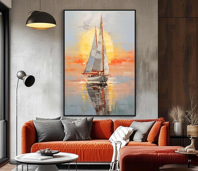 Ocean View ArtWork For Living Room , Vibrant Sailboat Sunset Sea View Oil Painting On Canvas,Vivid Sea View Canvas Art , Custom Gift For Her