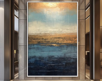 Peinture à l'huile abstraite bleue océan 100 % originale sur toile, art mural paysage marin acrylique, plage moderne à vivre, coucher de soleil plaqué or, décoration d'art murale