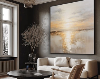 Abstrakte handgefertigte große blaue Ozean-Meerblick-Ölgemälde, 100% ursprüngliche, moderne Strandsegeltuch-Kunst mit Goldsonnenuntergang, Wohnzimmer-Wand-Dekor