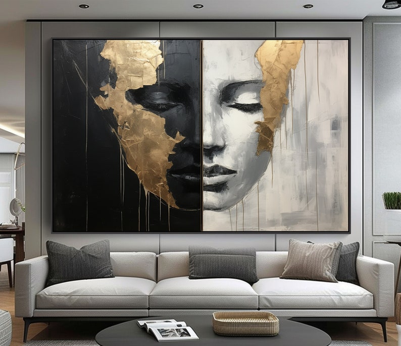 Abstract Woman Oil Painting On Gold On Canvas, 100% Handcatefted Texured Acrylic Art, Chic Home Office Wall Decor,Artistic Gift,Elegant Gift