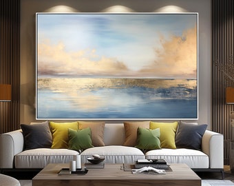 Handmade Painting  , Stunning Ocean View With Gold Accents , Modern Acrylic Canvas Art , Great For Living Room Display , Art Enthusiast Gift