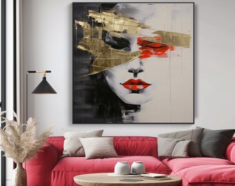 Femme abstraite, peinture à l'huile sur or sur toile, 100 % art acrylique texturé fabriqué à la main, décoration murale chic pour bureau à domicile, cadeau artistique, cadeau élégant