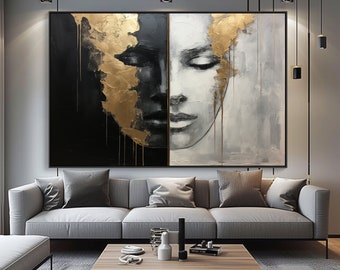 Abstract Woman Oil Painting On Gold On Canvas, 100% Handcatefted Texured Acrylic Art, Chic Home Office Wall Decor,Artistic Gift,Elegant Gift