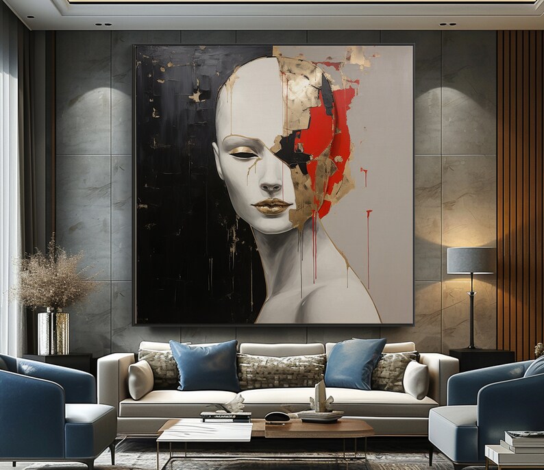 Abstract Woman Oil Painting On Gold On Canvas, 100% Handcatefted Texured Acrylic Art, Chic Home Office Wall Decor,Artistic Gift,Elegant Gift