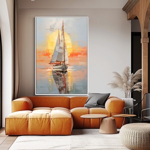 Ocean View ArtWork For Living Room , Vibrant Sailboat Sunset Sea View Oil Painting On Canvas,Vivid Sea View Canvas Art , Custom Gift For Her