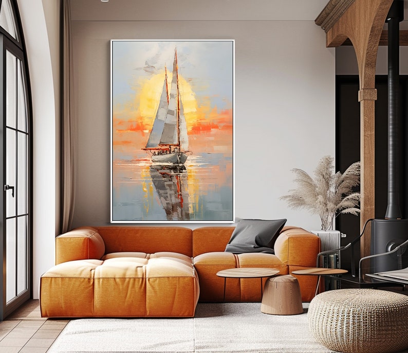 Ocean View ArtWork For Living Room , Vibrant Sailboat Sunset Sea View Oil Painting On Canvas,Vivid Sea View Canvas Art , Custom Gift For Her