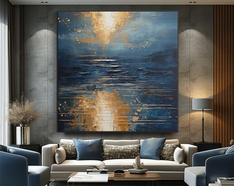 100 % handgemachtes Gemälde, atemberaubender Meerblick mit goldenen Akzenten, abstraktes Acryl-Ölgemälde, Wanddekoration Wohnzimmer, tolles Geschenk für Kunstliebhaber