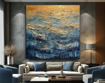 Peinture 100 % faite main, vue imprenable sur l'océan avec touches d'or, peinture à l'huile abstraite acrylique, décoration murale de salon, excellent cadeau pour les amateurs d'art