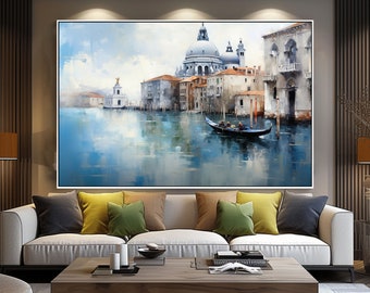 Peinture à l'huile abstraite sur toile 100% Venise, scène de rue vibrante, oeuvre d'art texturée artisanale pour décoration murale de bureau ou cadeau de pendaison de crémaillère