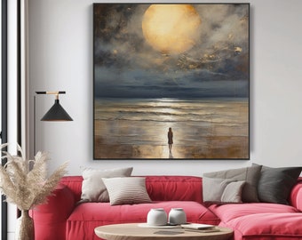 100% abstract van vrouw in oceaan olieverfschilderij, handgemaakte getextureerde acryl oliekunst, serene zee golven blauwe muur decor, unieke housewarming cadeau