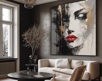 Femme abstraite, peinture à l'huile sur or sur toile, 100 % art acrylique texturé fabriqué à la main, décoration murale chic pour bureau à domicile, cadeau artistique, cadeau élégant