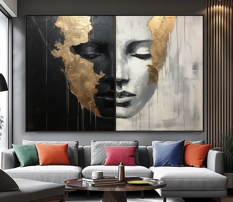 Abstract Woman Oil Painting On Gold On Canvas, 100% Handcatefted Texured Acrylic Art, Chic Home Office Wall Decor,Artistic Gift,Elegant Gift