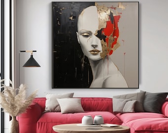 Abstract Woman Oil Painting On Gold On Canvas, 100% Handcatefted Texured Acrylic Art, Chic Home Office Wall Decor,Artistic Gift,Elegant Gift
