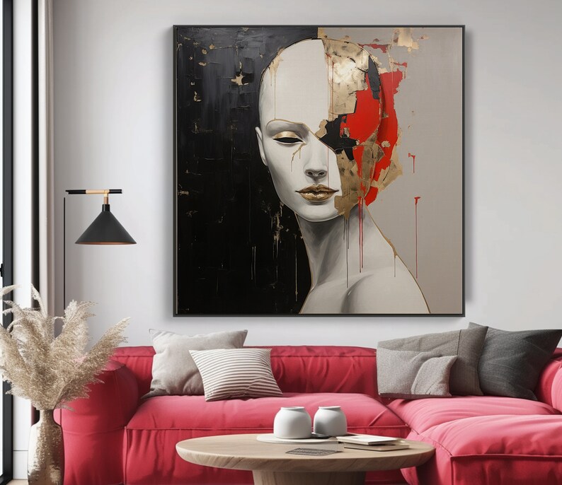 Abstract Woman Oil Painting On Gold On Canvas, 100% Handcatefted Texured Acrylic Art, Chic Home Office Wall Decor,Artistic Gift,Elegant Gift