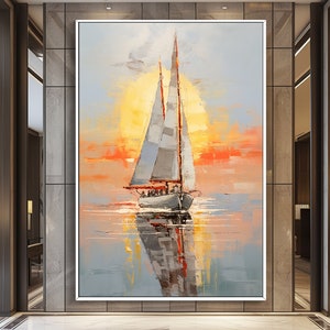 Oeuvre d'art avec vue sur l'océan pour le salon, peinture à l'huile sur toile avec vue sur la mer au coucher du soleil sur un voilier, toile d'art sur toile avec vue sur la mer aux couleurs vives, cadeau personnalisé pour elle