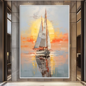 Ocean View ArtWork For Living Room , Vibrant Sailboat Sunset Sea View Oil Painting On Canvas,Vivid Sea View Canvas Art , Custom Gift For Her