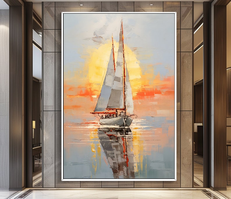 Ocean View ArtWork For Living Room , Vibrant Sailboat Sunset Sea View Oil Painting On Canvas,Vivid Sea View Canvas Art , Custom Gift For Her