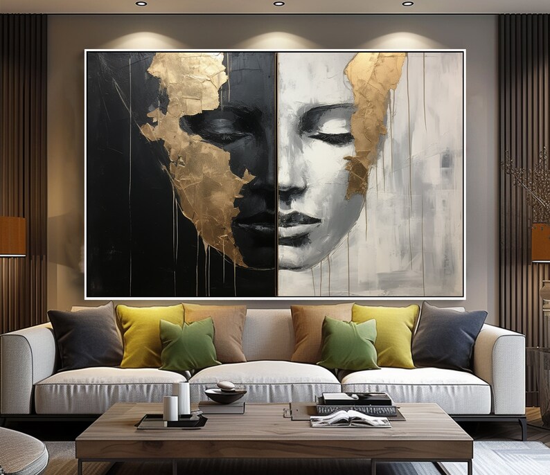 Abstract Woman Oil Painting On Gold On Canvas, 100% Handcatefted Texured Acrylic Art, Chic Home Office Wall Decor,Artistic Gift,Elegant Gift