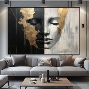 Abstract Woman Oil Painting On Gold On Canvas, 100% Handcatefted Texured Acrylic Art, Chic Home Office Wall Decor,Artistic Gift,Elegant Gift