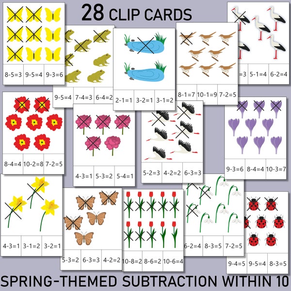 Subtraction within 10, spring-themed count and clip cards - printable math activity for children, diy print aids