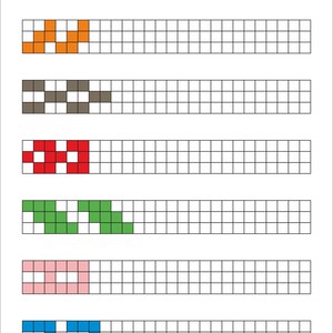 May include: A printable worksheet featuring seven horizontal rows of white grid squares. Each row contains a unique pattern of coloured squares in yellow, orange, brown, red, green, pink, and blue. The text ZIELONA KREDKA appears at the bottom.