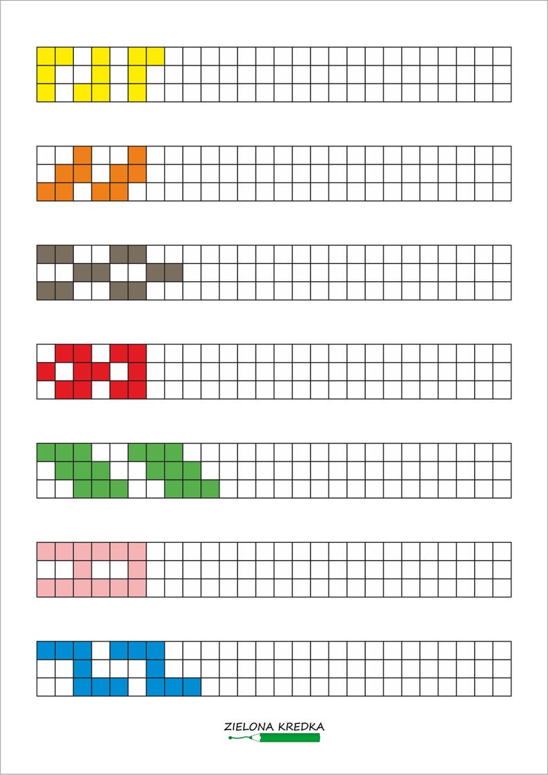 May include: A printable worksheet featuring seven horizontal rows of white grid squares. Each row contains a unique pattern of coloured squares in yellow, orange, brown, red, green, pink, and blue. The text ZIELONA KREDKA appears at the bottom.