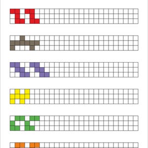 May include: A worksheet featuring seven horizontal rows of empty white grid squares. Each row begins with a unique pixelated pattern in blue, red, brown, purple, yellow, green, or orange. The text ZIELONA KREDKA appears at the bottom centre.