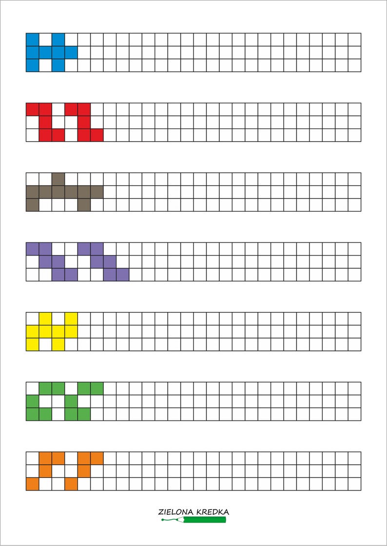 May include: A worksheet featuring seven horizontal rows of empty white grid squares. Each row begins with a unique pixelated pattern in blue, red, brown, purple, yellow, green, or orange. The text ZIELONA KREDKA appears at the bottom centre.