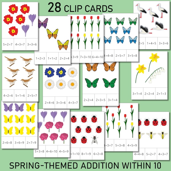 Addition within 10, spring-themed count and clip cards - printable math activity for children, diy print aids