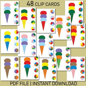 Tarjetas de colores para helados / Actividad imprimible de combinación de colores / Aprendizaje preescolar / Diversión de verano / Descarga digital en PDF