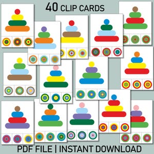 Clipkaarten met kleurrijke piramides | Afdrukbare kleurherkenning en matching | Leuke activiteit voor kinderen | Voorschoolse visuele vaardigheden | Pdf-download