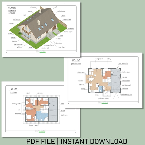 House - learning about parts of a building, child learning material printable, self-printing aids for children