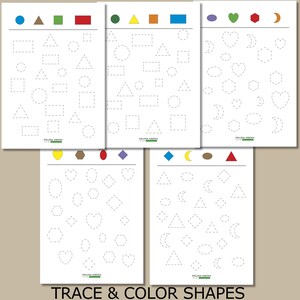 May include: A set of five white activity sheets featuring various shapes for tracing and coloring. Each sheet has a different set of shapes, including circles, squares, triangles, and hearts. The top of each sheet has colored shapes. The text "TRACE & COLOR SHAPES" is at the bottom.