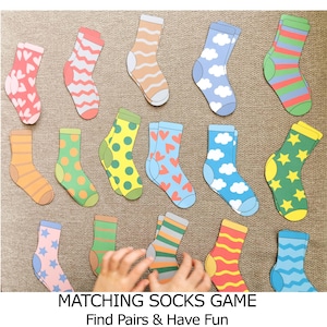 Socken-Matching-Spiel, Farb- und Musterzuordnung, druckbares PDF für Kinder