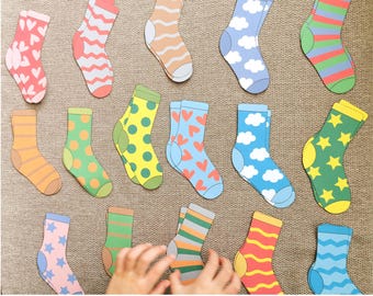 Socken-Matching-Spiel, Farb- & Musterzuordnung, Vorschule druckbare PDF