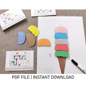 Könnte beinhalten: Ausdruckbare Eiswaffel-Bastelvorlage für Kinder. Die Vorlage enthält eine Waffel, Eiskugeln in verschiedenen Farben und einen schwarzen Stift zum Zeichnen.