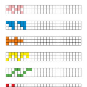 May include: A worksheet featuring seven horizontal rows of white grid squares. Each row contains a unique pattern filled with coloured squares in brown, pink, blue, orange, yellow, green, and red. The text ZIELONA KREDKA appears at the bottom.