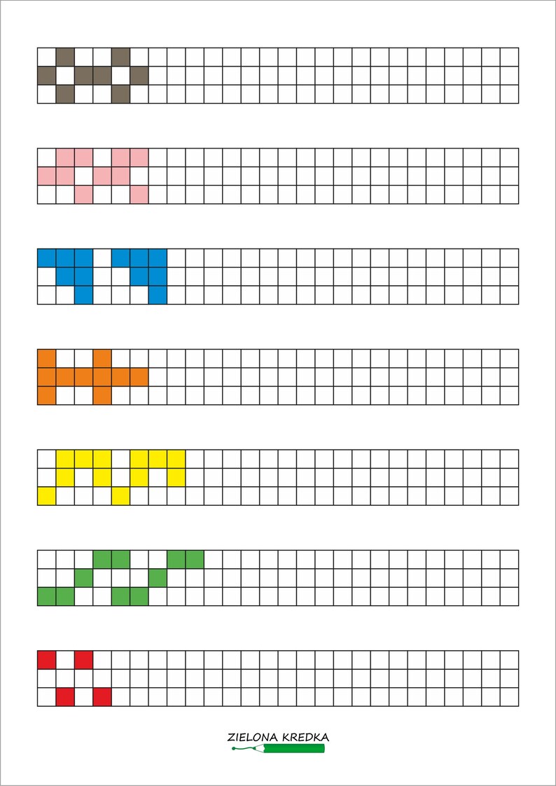 May include: A worksheet featuring seven horizontal rows of white grid squares. Each row contains a unique pattern filled with coloured squares in brown, pink, blue, orange, yellow, green, and red. The text ZIELONA KREDKA appears at the bottom.