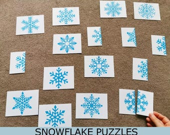 Snowflake Matching Puzzles, 2-Piece Winter Activity for Kids, Printable PDF