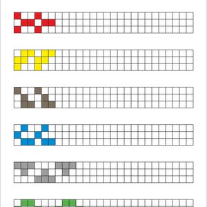 May include: A printable worksheet featuring seven horizontal rows of empty white grid squares. Each row contains a unique pattern of coloured squares in orange, red, yellow, brown, blue, grey, and green. The text ZIELONA KREDKA appears at the bottom.