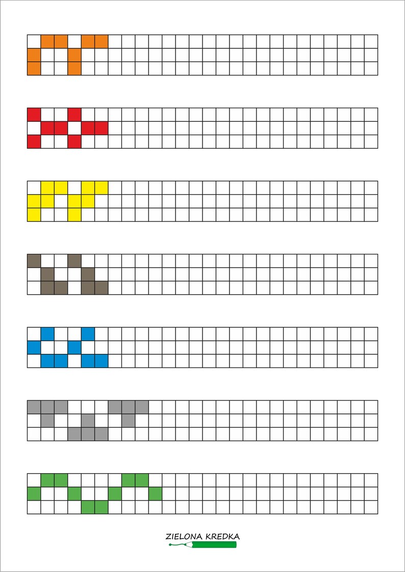 May include: A printable worksheet featuring seven horizontal rows of empty white grid squares. Each row contains a unique pattern of coloured squares in orange, red, yellow, brown, blue, grey, and green. The text ZIELONA KREDKA appears at the bottom.