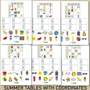 May include: Six colorful grids with summer-themed images, such as a beach umbrella, sunglasses, a watermelon, a bucket, and a beach ball. Each grid has a letter and number coordinate system. The text "SUMMER TABLES WITH COORDINATES" is at the bottom of the image.