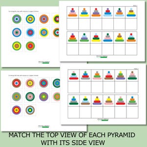 May include: A printable worksheet for kids to match the top view of a pyramid with its side view. The worksheet has two pages, each with 10 pyramids. The pyramids are made of different colored circles. The circles are arranged in a pyramid shape. The worksheet is designed to help kids learn about shapes and spatial reasoning.