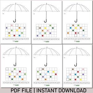 May include: A printable worksheet with six images of umbrellas. Each image has a grid with coloured dots and a blank grid for the child to copy the pattern. The worksheet is titled "Zilona Kreska".