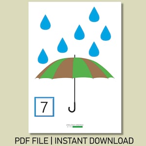 May include: A white print featuring a green and brown umbrella with blue raindrops. The number 7 is in a blue square. The text "PDF FILE | INSTANT DOWNLOAD" is at the bottom.